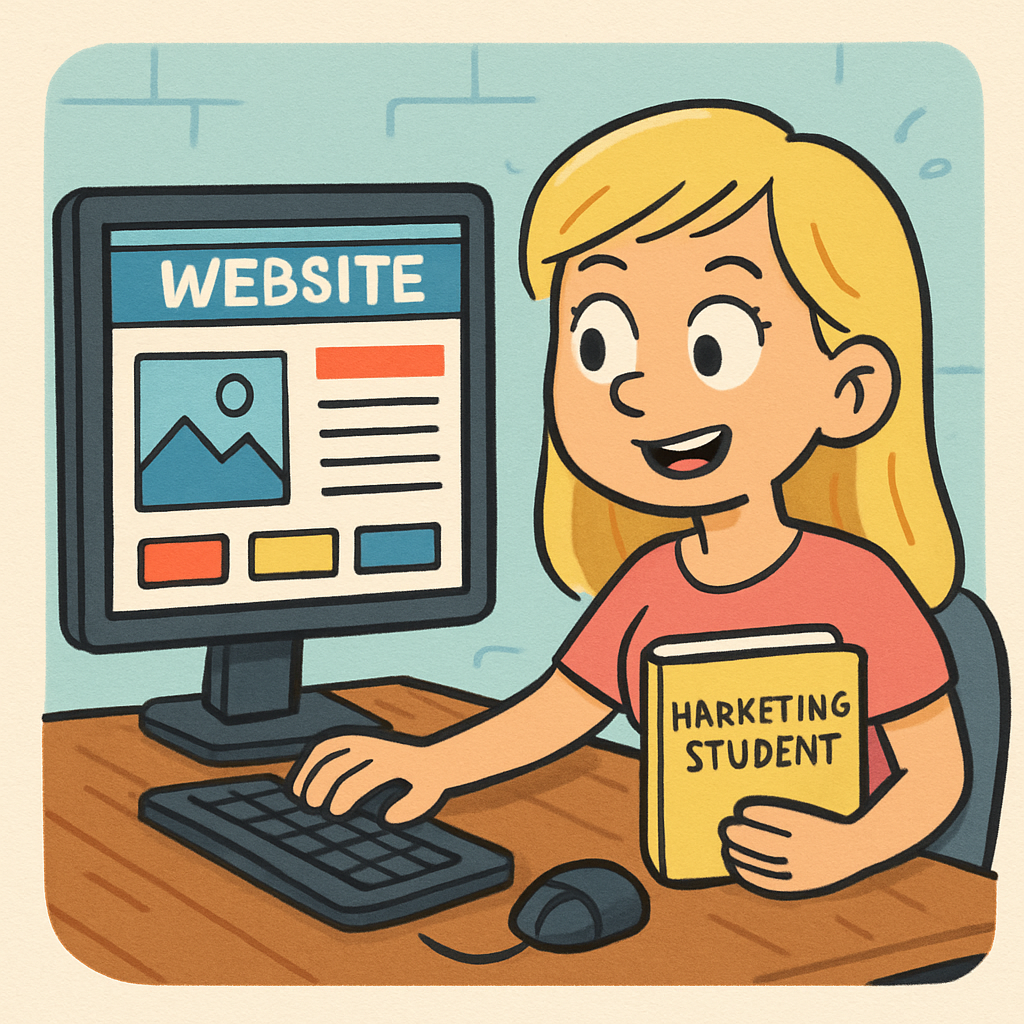 A cartoon blonde female marketing student making a website