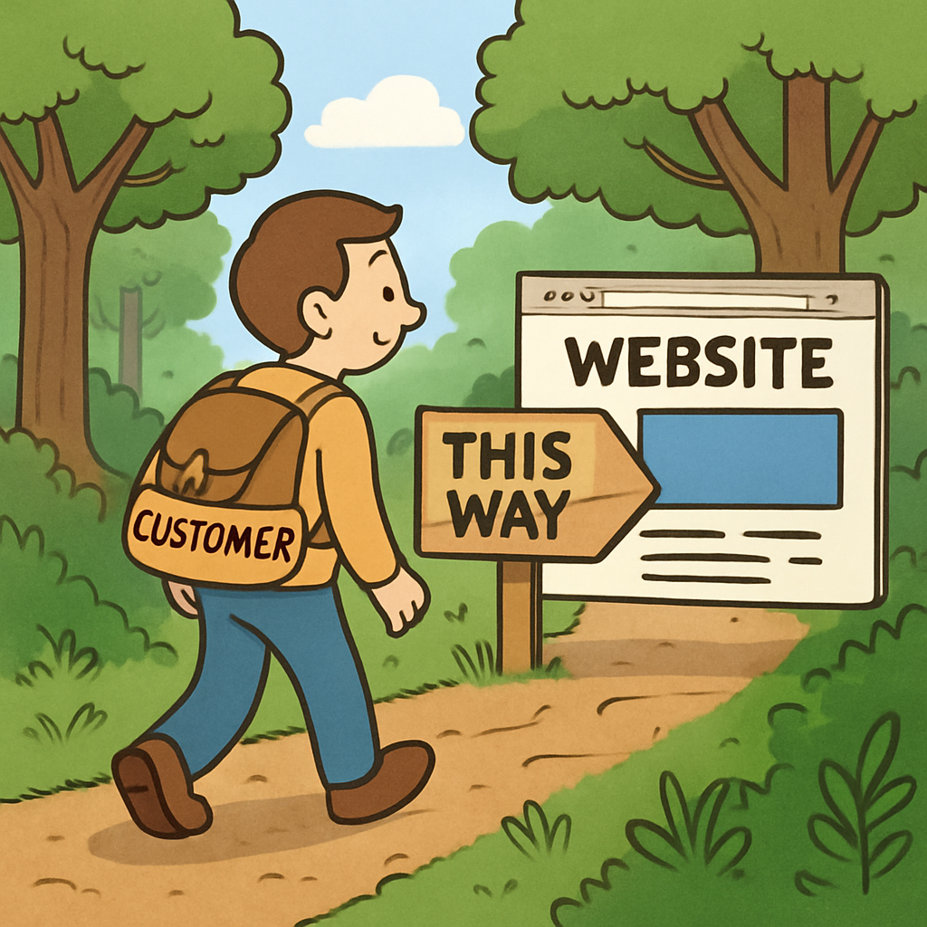 A customer walking down a dirth path in the woods and there is a sign that says this way with an arrow leading them to a website page a cartoon
