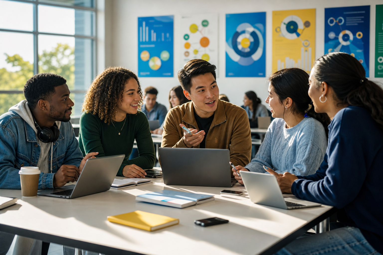 Diverse College Students Discussing Digital Marketing Trends