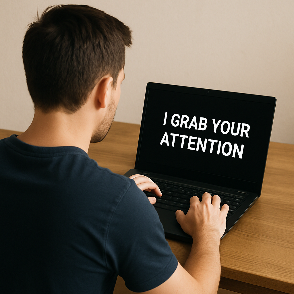 Generate a picture of a person from the back He is using a Laptop On the screen there is text saying I grab your attention