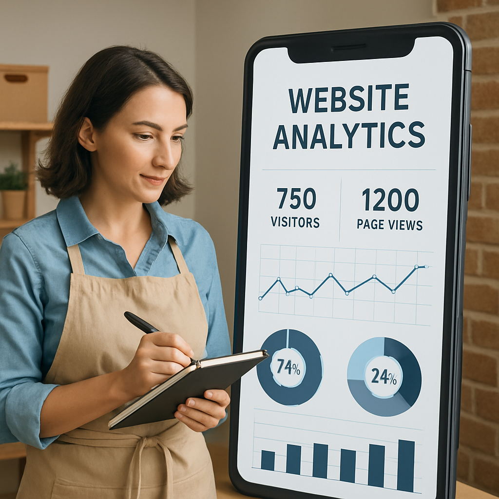 Generate a picture of a small business owner using metrics of a website on a giant phone screen