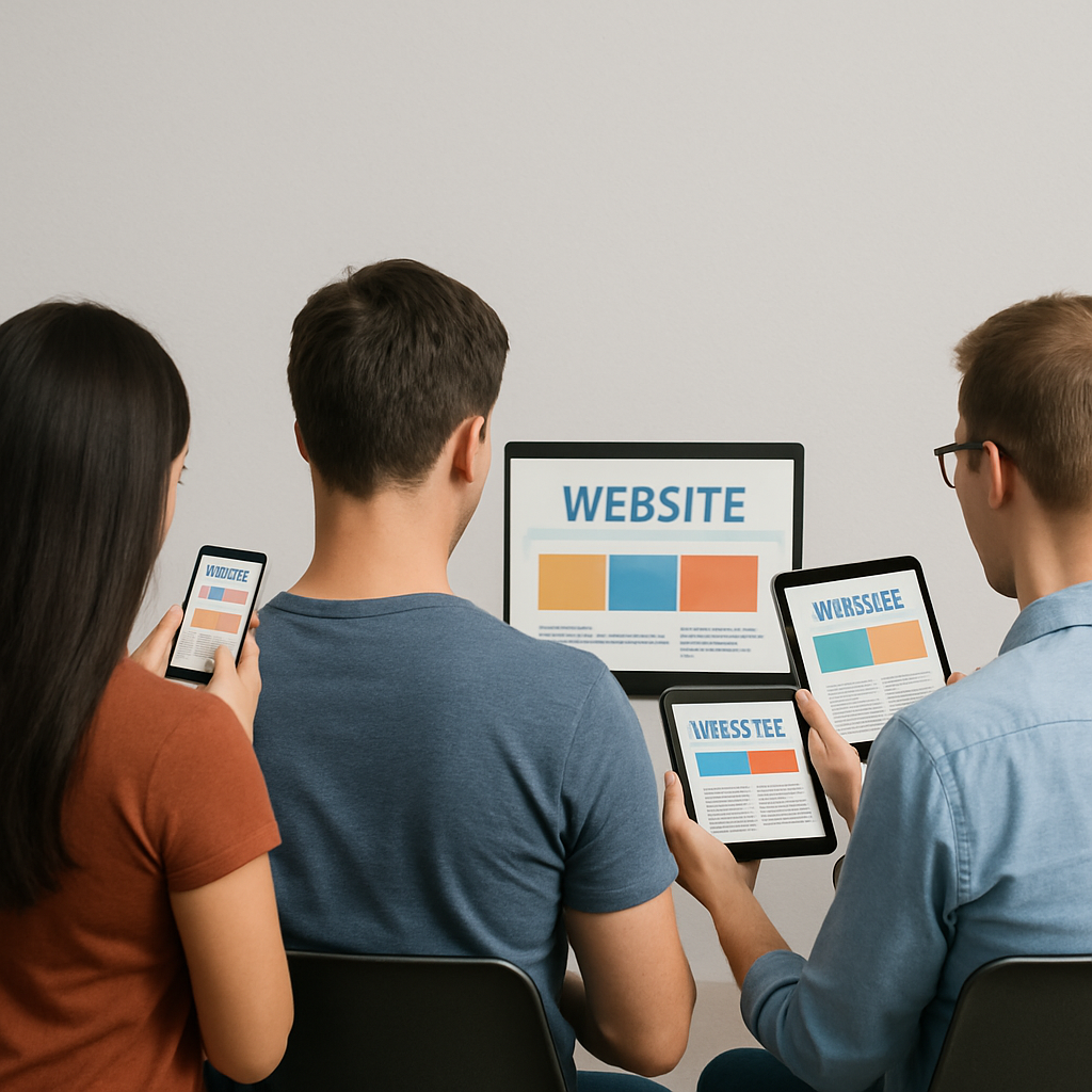 Generate a picture of people using a phone or laptop and all looking at the same website You just see the people from the back They all have their own