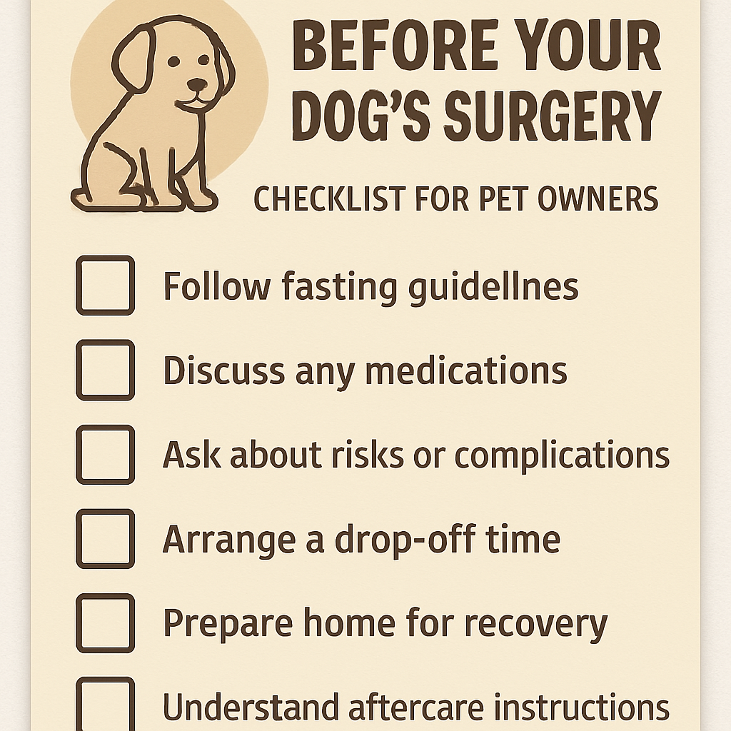 a flyer for pet owners that provides a checklist for what one should do before their dog goes into surgery