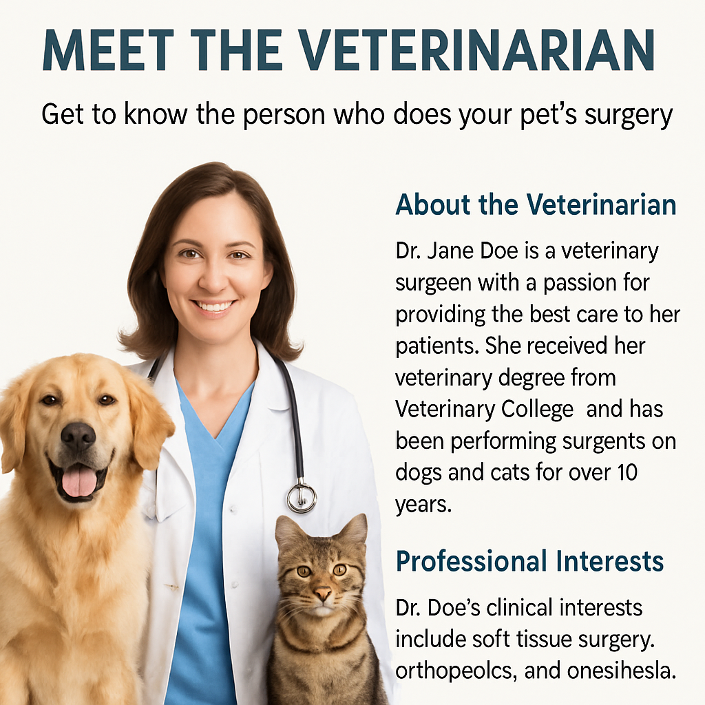 a meet the veterinarian page for the website so clients can get to know the person who does their pets surgery