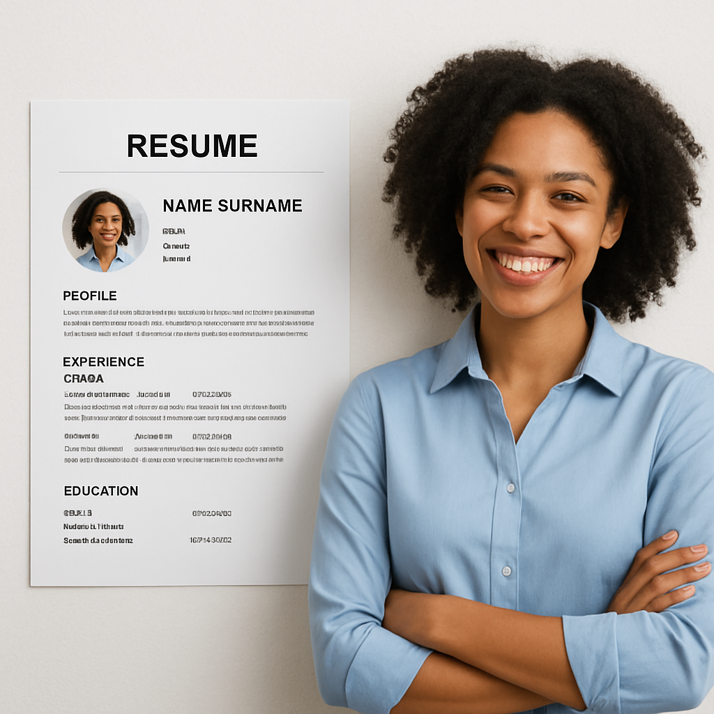 a person next to their resume smiling-1