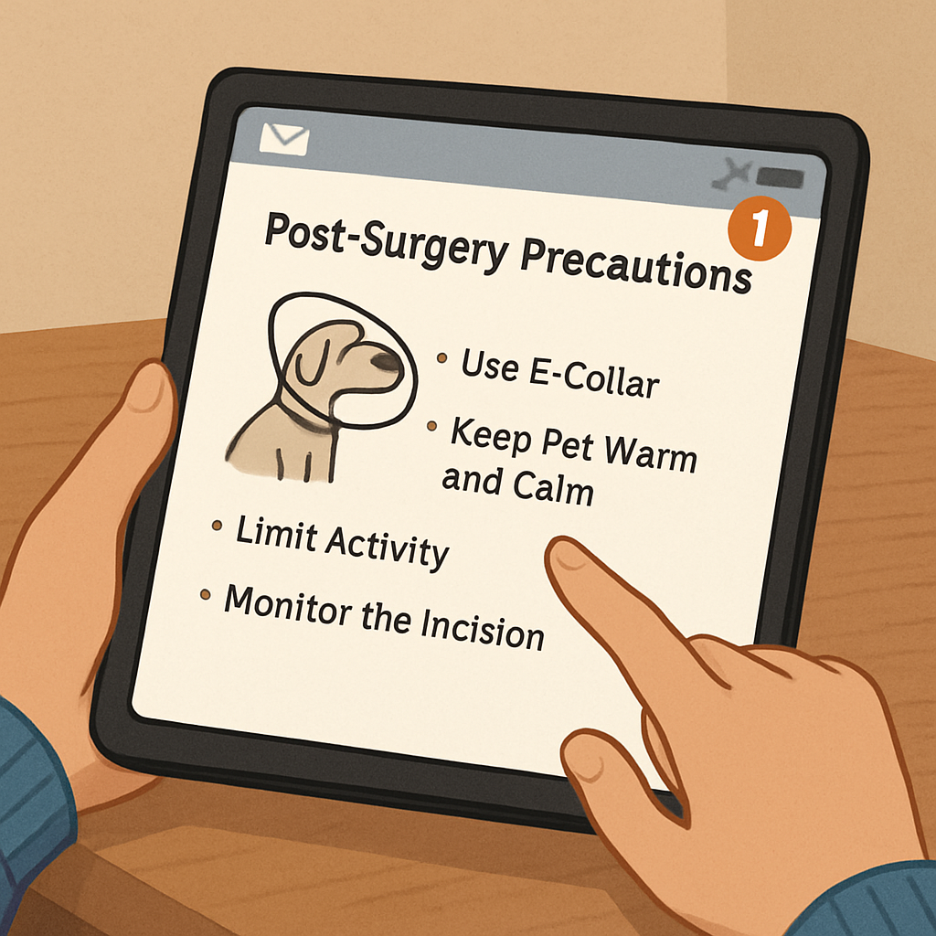 a person receiving an email reminder for what precautions to take after their pet has just has surgery