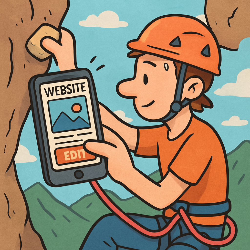 cartoon of a website being edited on a mobile phone of someone on a mountain rockclimbing and editing the website from their phone but the phone is sm-1