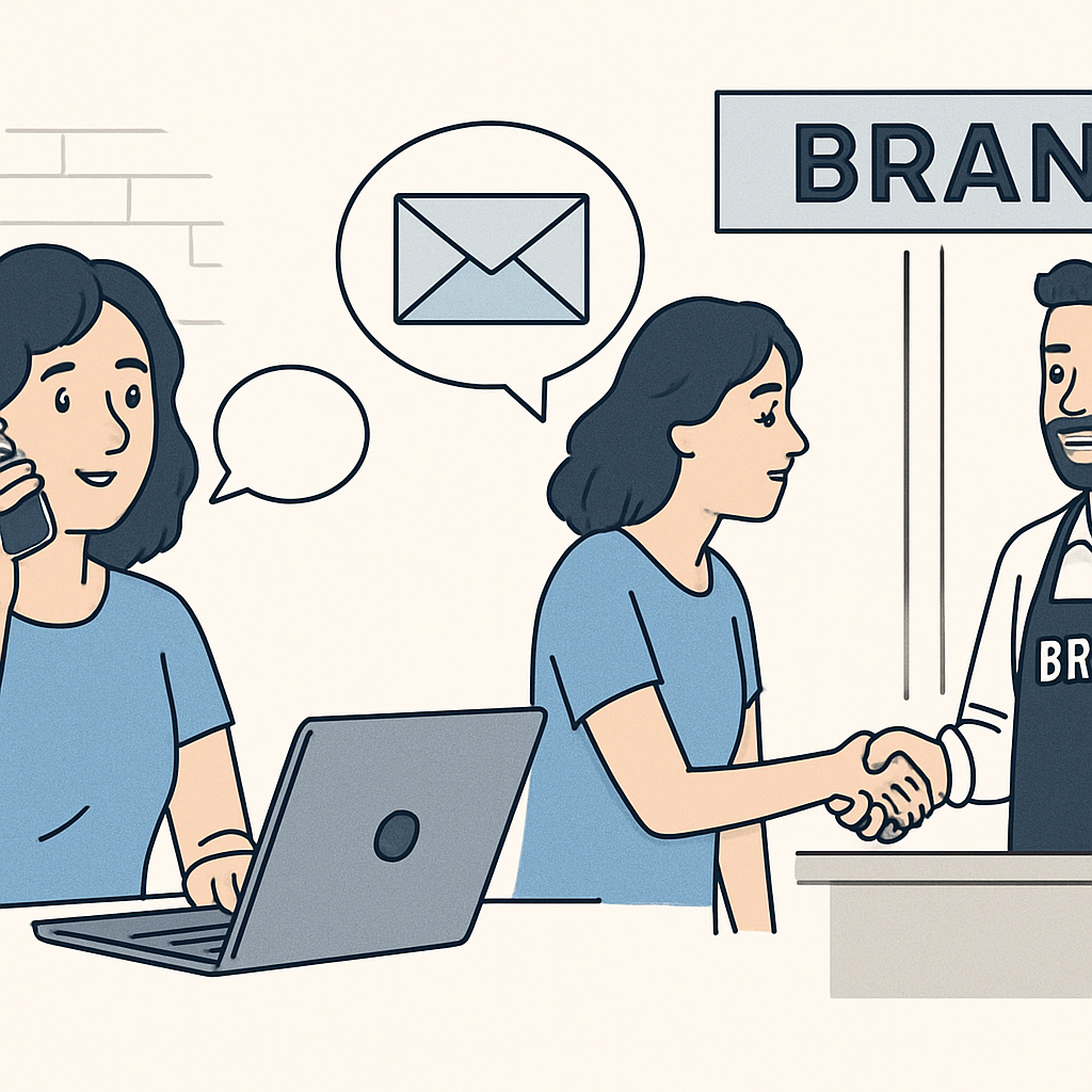 create an image of a brand owner on the phone with a consumer sending emails and visiting in person