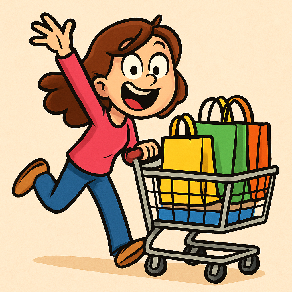 excited cartoon shopper with a shopping cart