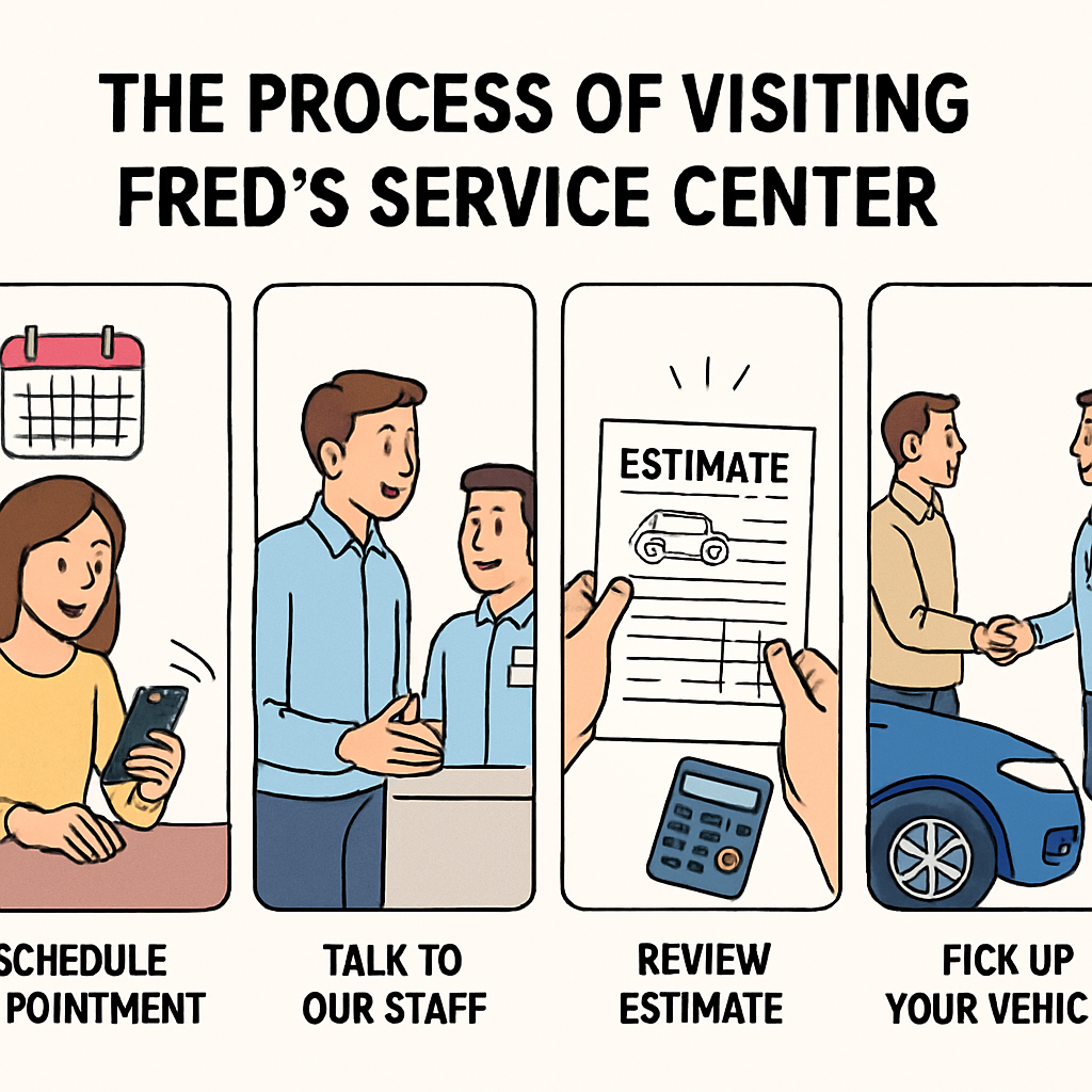 explaining the process of visiting Freds Service Center from scheduling an appointment and talking with staff to understanding estimates and picking u-1