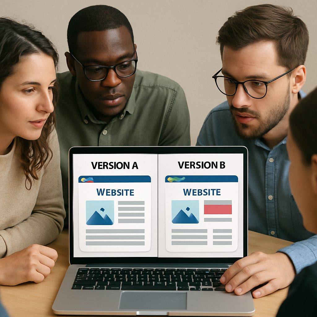 peopke looking a t a computer with two different versions of a webpage
