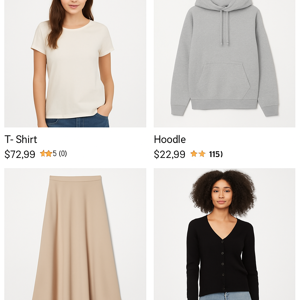 shopping webpage with images of clothing prouducts customer ratings