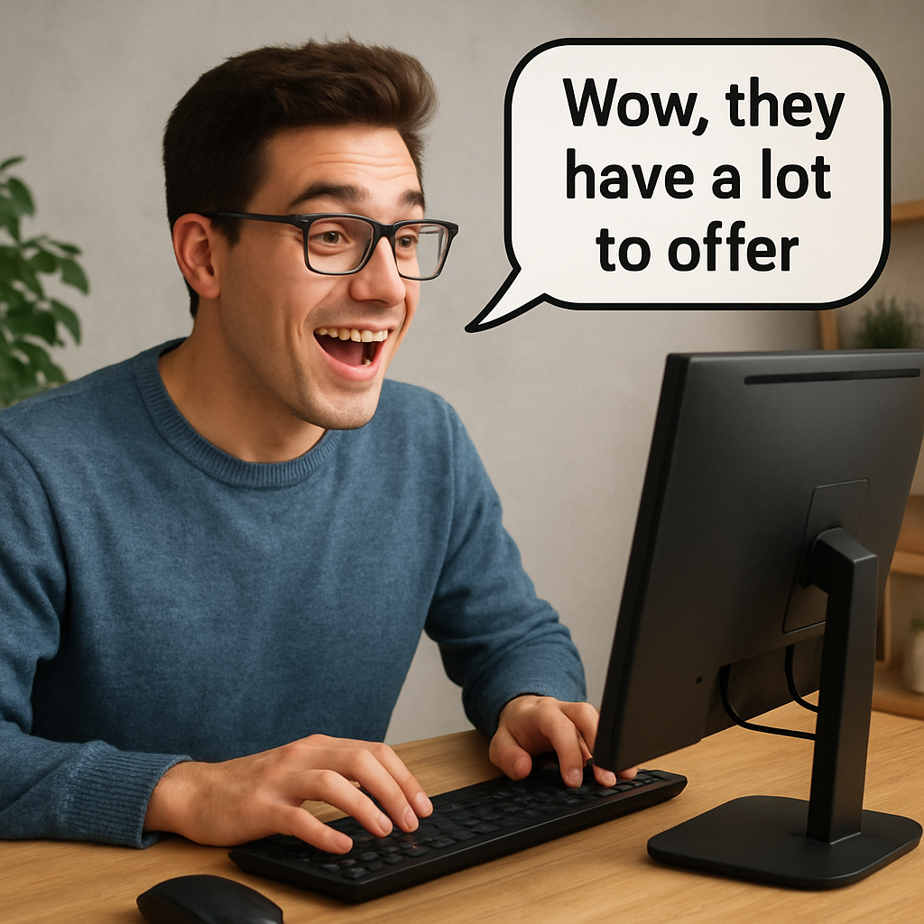 show a guy looking at a computer saying wow they have a lot to offer