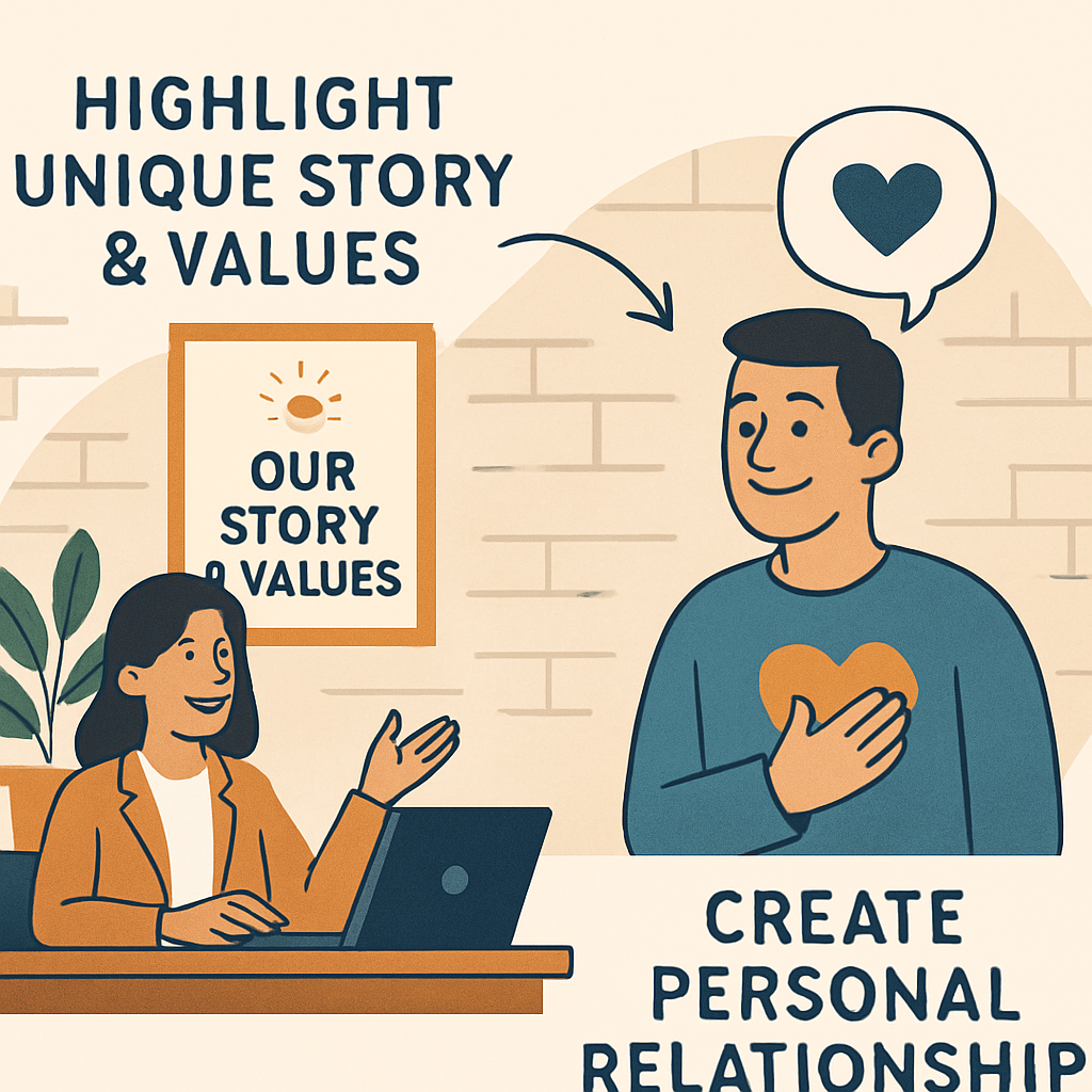 show a picture that explains the importance of companies highlighting their unique story and values to the consumer so they can create a personal rela