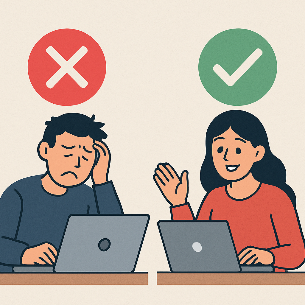 two people each using a computer one person is frustrated and there is a red x above him the other person is happy with a green check mark above her